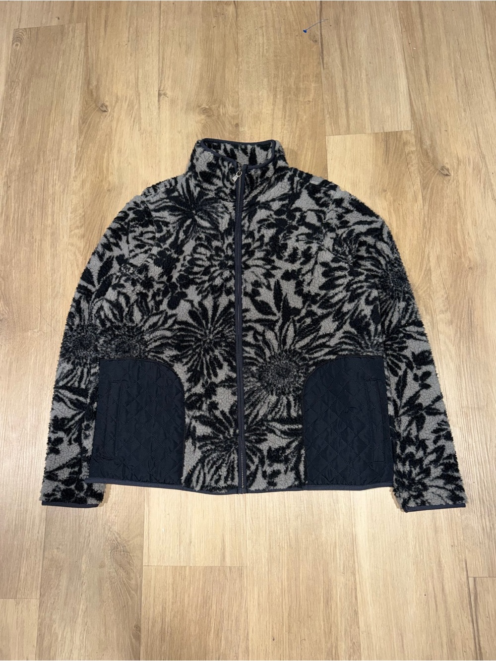 Sonoma Black & Gray Floral Teddy Fleece Zip Jacket